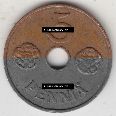 Alte Münzen KMS Finnland, Kursmünzensatz 1941-1943, 5 Penny, Penniä, Kupfer 1941 (Stück 1). Rückseite mit Wert-Zahl bzw.... Sammlung
