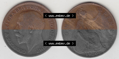 Münzen Großbritannien Umlaufmünze 1911-1926, 1 One Penny, 1920 (Stück 1), George V, B.M. GEORGIVS V DEI GRABRITTOMNREX FIDDEFINDIMP.... Sammlung