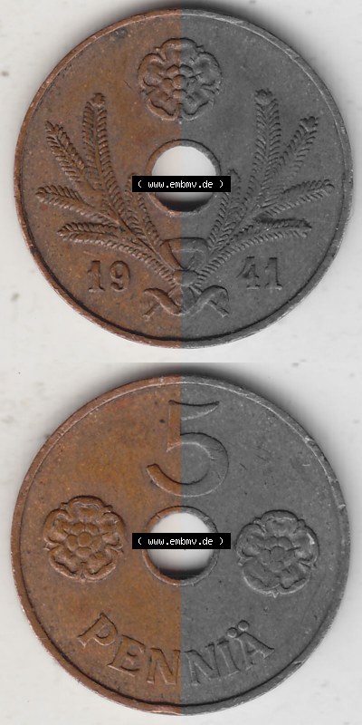 Alte Münzen KMS Finnland, Kursmünzensatz 1941-1943, 5 Penny, Penniä, Kupfer 1941 (Stück 1). Digitales Bild / Bildmaterial... Sammlung