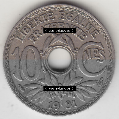 Münzen Frankreich Umlaufmünze 1917-1938, 10 Centimes, 10 CMES EGALITÉ FRATERNITÉ LIBERTÉ 1931 (Stück 1). Digitales Bild... Sammlung