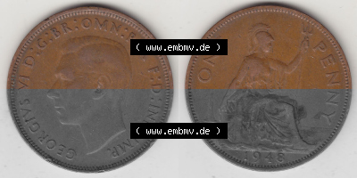 Münzen Großbritannien Umlaufmünze 1937-1948. 1 One Penny 1948 (Stück 1), George VI, GEORGIVS VI DGBROMNREX FDINDIMP. HP. Vorderseite... Sammlung