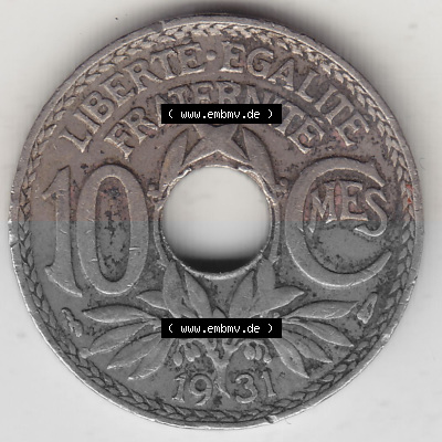 Frankreich 10 CMES EGALITÉ FRATERNITÉ LIBERTÉ 1931 (Stück 1), 10 Cmes / Centime / Cent Umlaufmünze aus Frankreich in der... Sammlung