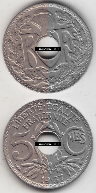 Alte Münzen KMS Frankreich, aus Kursmünzensatz-Zusammenstellung der Jahre 1917-1952, mit der Münze 1920-1938, 5 Cmes, Centimes... Sammlung