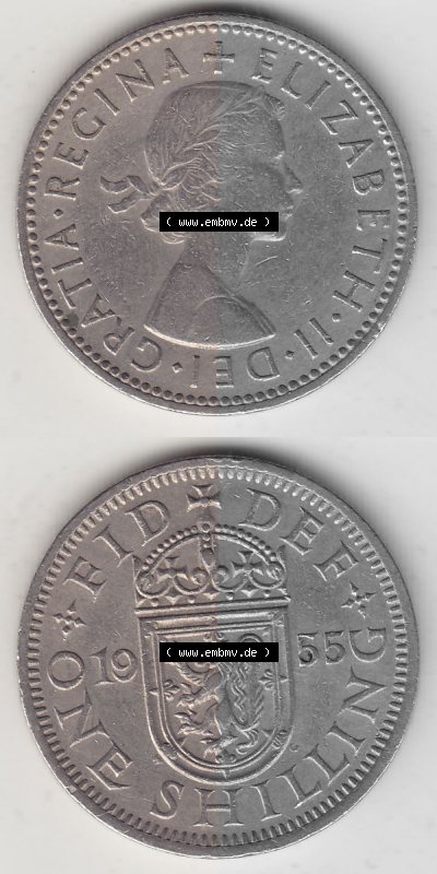 Münzen Großbritannien Umlaufmünze 1954-1970, 1 Schilling - One Shilling, 1955 (Stück 1) Wappen mit einen Löwen. Vorderseite... Sammlung
