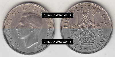 Münzen Großbritannien Umlaufmünze 1947-1948, 1 Schilling - One Shilling 1947 (Stück 1) Sitzender Löwe auf Krone. Vorderseite... Sammlung