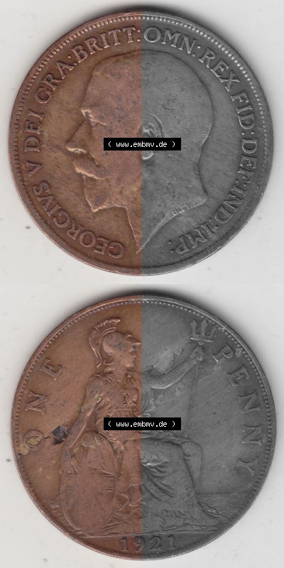 Münzen Großbritannien Umlaufmünze 1911-1926, 1 One Penny, 1921 (Stück 1), George V, B.M. GEORGIVS V DEI GRABRITTOMNREX FIDDEFINDIMP.... Sammlung