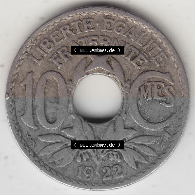 Münzen Frankreich Umlaufmünze 1917-1938, 10 Centimes, 10 CMES EGALITÉ FRATERNITÉ LIBERTÉ 1922 (Stück 1). Digitales Bild... Sammlung