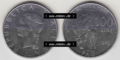 Bildmaterial von Münzen aus Italien / Italia Gedenkmünzen 1979-1979, 100 Lire, Ernährungs- und Landwirtschafts- Organisation... Sammlung
