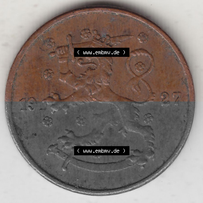 Alte Münzen KMS Finnland, Kursmünzensatz 1918-1940, 5 Penny, Penniä 1927. Vorderseite einer Münze aus KMS / Kursmünzen bzw.... Sammlung