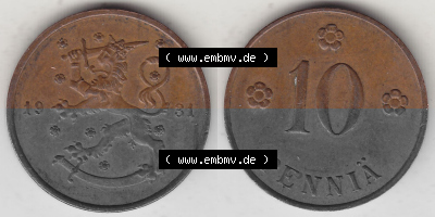 Alte Münzen KMS Finnland, Kursmünzensatz 1919-1940, 10 Penny, Penniä 1931. Digitales Bild / Bildmaterial mit Vorderseite und... Sammlung