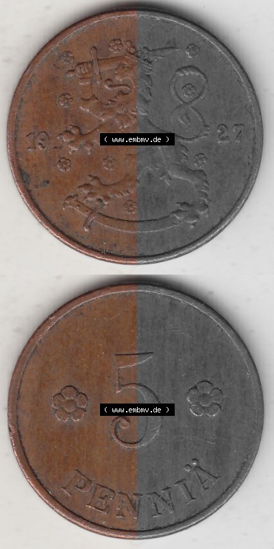 Alte Münzen KMS Finnland, Kursmünzensatz 1918-1940, 5 Penny, Penniä 1927. Digitales Bild / Bildmaterial für IPhone und Mobil-Geräte... Sammlung