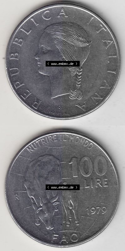 Bildmaterial von Münzen aus Italien / Italia Gedenkmünzen 1979-1979, 100 Lire, Ernährungs- und Landwirtschafts- Organisation... Sammlung