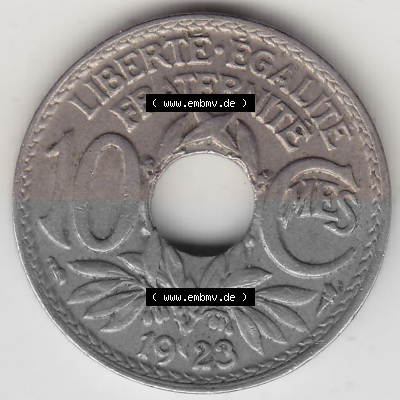 Münzen Frankreich Umlaufmünze 1917-1938, 10 Centimes, 10 CMES EGALITÉ FRATERNITÉ LIBERTÉ 1923 (Stück 1). Digitales Bild... Sammlung