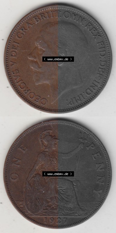 Münzen Großbritannien Umlaufmünze 1927-1927, 1 One Penny, 1927 (Stück 1), George V, BM GEORGIVS V DEI GRABRITTOMNREX FIDDEFINDIMP.... Sammlung