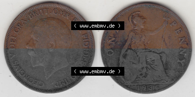 Münzen Großbritannien Umlaufmünze 1928-1936, 1 One Penny, 1936 (Stück 2), George V. BM GEORGIVS V DEI GRABRITTOMNREX FIDDEFINDIMP.... Sammlung