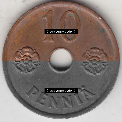 Alte Münzen KMS Finnland, Kursmünzensatz 1941-1943, 10 Penny, Penniä Kupfer 1942 (Stück 1) . Rückseite mit Wert-Zahl bzw.... Sammlung
