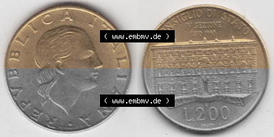 Bildmaterial von Münzen aus Italien / Italia Gedenkmünzen 1990-1990, 200 Lire Gründung von Staatsrat. Vorderseite und Rückseite... Sammlung