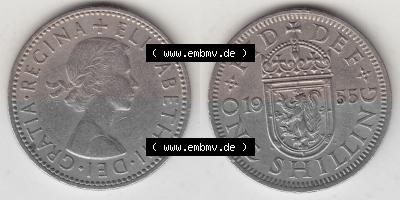Münzen Großbritannien Umlaufmünze 1954-1970, 1 Schilling - One Shilling, 1955 (Stück 1) Wappen mit einen Löwen. Vorderseite... Sammlung