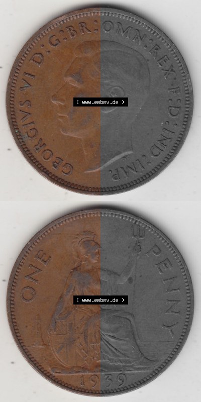 Münzen Großbritannien Umlaufmünze 1937-1948. 1 One Penny 1939 (Stück 1), George VI, GEORGIVS VI DGBROMNREX FDINDIMP. HP. Vorderseite... Sammlung