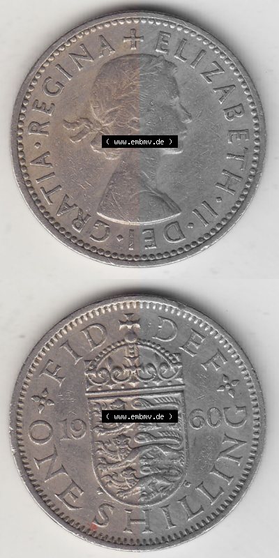 Münzen Großbritannien Umlaufmünze 1954-1970, 1 Schilling - One Shilling, 1960 (Stück 1) Wappen mit drei Löwen. Vorderseite... Sammlung