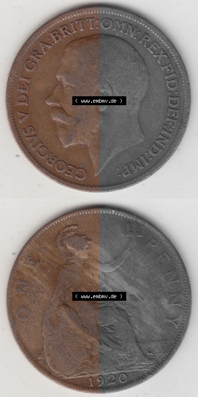 Münzen Großbritannien Umlaufmünze 1911-1926, 1 One Penny, 1920 (Stück 1), George V, B.M. GEORGIVS V DEI GRABRITTOMNREX FIDDEFINDIMP.... Sammlung