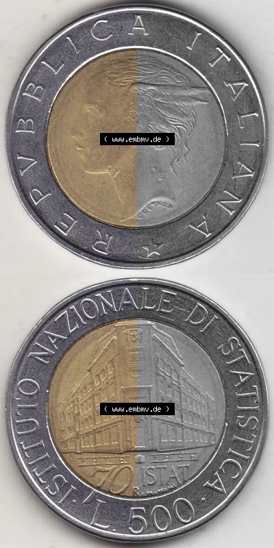 Bildmaterial von Münzen aus Italien / Italia Gedenkmünzen 1996-1996, 500 Lire, 70 Jahre Nationales Institut für Statistik (1926-1996),... Sammlung