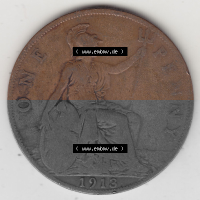 Münzen Großbritannien Umlaufmünze 1911-1926, 1 One Penny, 1913 (Stück 1), George V, B.M. GEORGIVS V DEI GRABRITTOMNREX FIDDEFINDIMP.... Sammlung