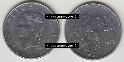 Bildmaterial von Münzen aus Italien / Italia Gedenkmünzen 1979-1979, 100 Lire, Ernährungs- und Landwirtschafts- Organisation... Sammlung