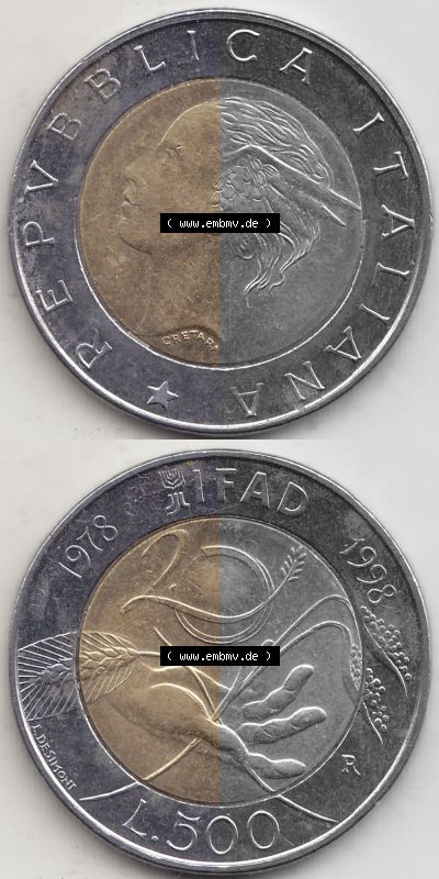 Bildmaterial von Münzen aus Italien / Italia Gedenkmünzen 1998-1998, 500 Lire, 20 Jahre Internationaler Fonds für die landwirtschaftliche... Sammlung