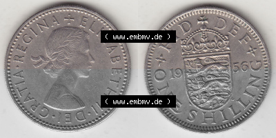 Münzen Großbritannien Umlaufmünze 1954-1970, 1 Schilling - One Shilling, 1956 (Stück 1) Wappen mit drei Löwen. Vorderseite... Sammlung