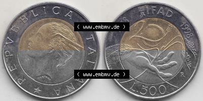 Bildmaterial von Münzen aus Italien / Italia Gedenkmünzen 1998-1998, 500 Lire, 20 Jahre Internationaler Fonds für die landwirtschaftliche... Sammlung