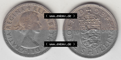 Münzen Großbritannien Umlaufmünze 1954-1970, 1 Schilling - One Shilling, 1960 (Stück 1) Wappen mit drei Löwen. Vorderseite... Sammlung