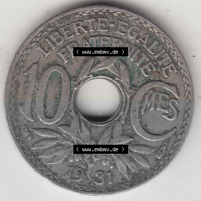 Frankreich 10 CMES EGALITÉ FRATERNITÉ LIBERTÉ 1931 (Stück 2), 10 Cmes / Centime / Cent Umlaufmünze aus Frankreich in der... Sammlung