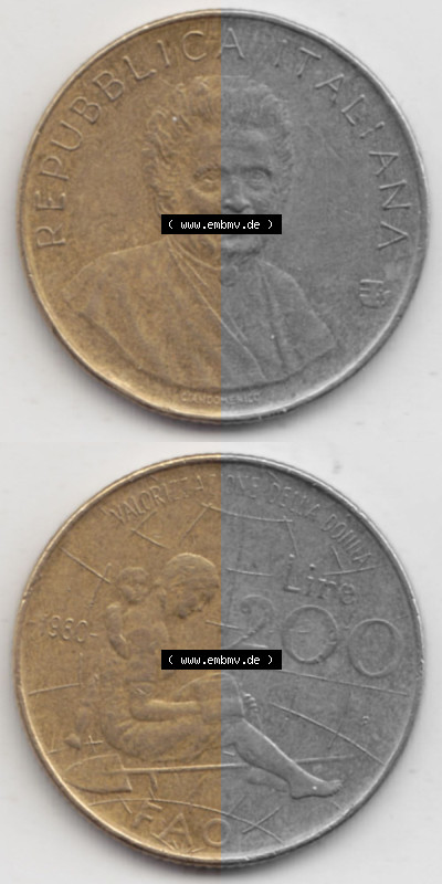 Bildmaterial von Münzen aus Italien / Italia Gedenkmünzen 1980-1980, 200 Lire FAO - Internationales Jahr der Frau. Vorderseite... Sammlung