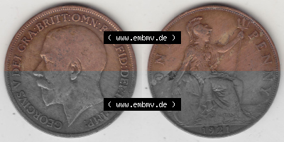 Münzen Großbritannien Umlaufmünze 1911-1926, 1 One Penny, 1921 (Stück 1), George V, B.M. GEORGIVS V DEI GRABRITTOMNREX FIDDEFINDIMP.... Sammlung