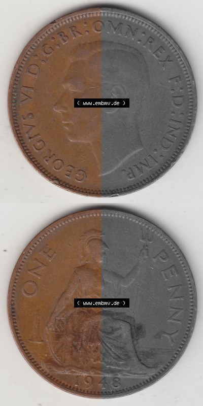 Münzen Großbritannien Umlaufmünze 1937-1948. 1 One Penny 1948 (Stück 1), George VI, GEORGIVS VI DGBROMNREX FDINDIMP. HP. Vorderseite... Sammlung