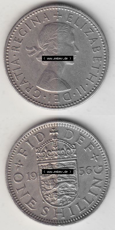 Münzen Großbritannien Umlaufmünze 1954-1970, 1 Schilling - One Shilling, 1956 (Stück 1) Wappen mit drei Löwen. Vorderseite... Sammlung