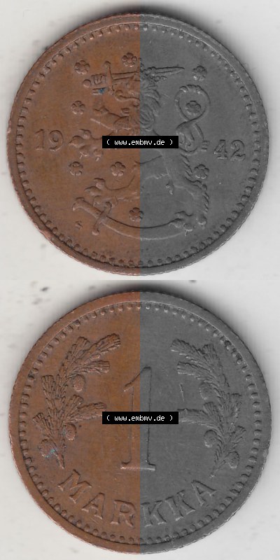 Alte Münzen KMS Finnland, Kursmünzensatz 1940-1951, 1 finnische Mark, Markka, Kupfer 1942 (Stück 1). Digitales Bild / Bildmaterial... Sammlung