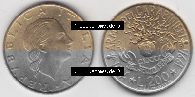 Bildmaterial von Münzen aus Italien / Italia Gedenkmünzen 1994-1994, 200 Lire 180 Jahre Carabinieri. Vorderseite und Rückseite... Sammlung