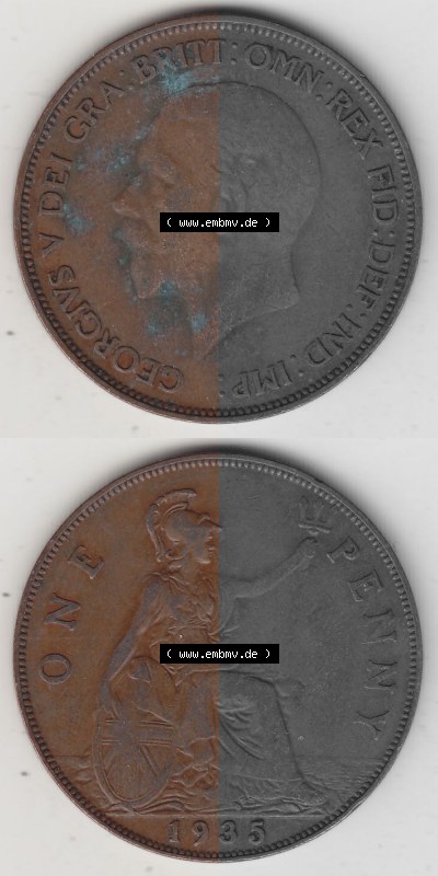 Münzen Großbritannien Umlaufmünze 1928-1936, 1 One Penny, 1935 (Stück 1), George V. BM GEORGIVS V DEI GRABRITTOMNREX FIDDEFINDIMP.... Sammlung