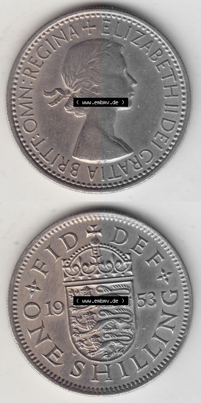 Münzen Großbritannien Umlaufmünze 1954-1970, 1 Schilling - One Shilling, 1953 (Stück 2) Wappen mit drei Löwen. Vorderseite... Sammlung