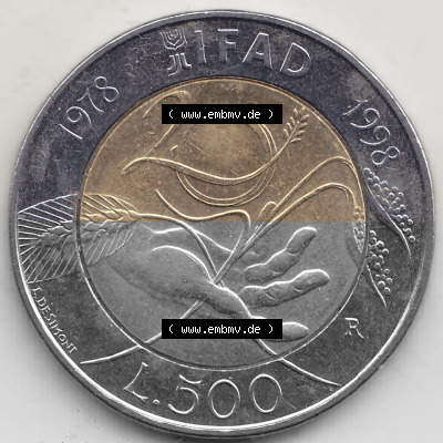 Bildmaterial von Münzen aus Italien / Italia Gedenkmünzen 1998-1998, 500 Lire, 20 Jahre Internationaler Fonds für die landwirtschaftliche... Sammlung
