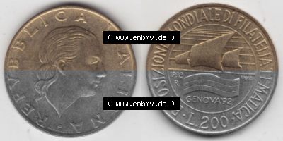 Bildmaterial von Münzen aus Italien / Italia Gedenkmünzen 1992-1992, 200 Lire Briefmarkenausstellung in Genua. Vorderseite und... Sammlung