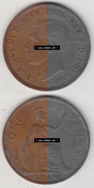Münzen Großbritannien Umlaufmünze 1937-1948. 1 One Penny 1948 (Stück 2), George VI, GEORGIVS VI DGBROMNREX FDINDIMP. HP. Vorderseite... Sammlung