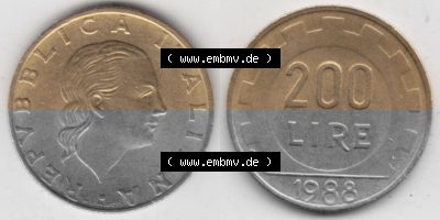 Bildmaterial von Münzen aus Italien / Italia Gedenkmünzen 1977-2001, 200 Lire, Zahnrad. Vorderseite und Rückseite horizontal... Sammlung