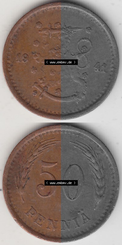 Alte Münzen KMS Finnland, Kursmünzensatz 1940-1943, 50 Penny, Penniä, Kupfer 1941 (Stück 1). Digitales Bild / Bildmaterial... Sammlung