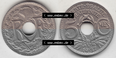 Alte Münzen KMS Frankreich, aus Kursmünzensatz-Zusammenstellung der Jahre 1917-1952, mit der Münze 1920-1938, 5 Cmes, Centimes... Sammlung