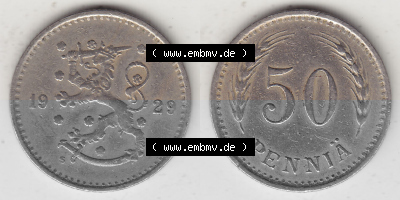 Alte Münzen KMS Finnland, Kursmünzensatz 1921-1940, 50 Penny, Penniä 1929. Digitales Bild / Bildmaterial mit Vorderseite und... Sammlung