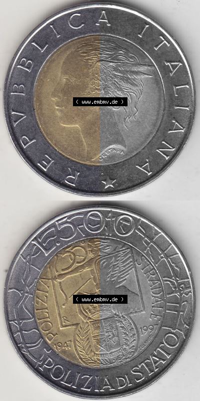 Bildmaterial von Münzen aus Italien / Italia Gedenkmünzen 1997-1997, 500 Lire, 50 Jahre Staatspolizei (1947-1997), POLIZIA DI... Sammlung