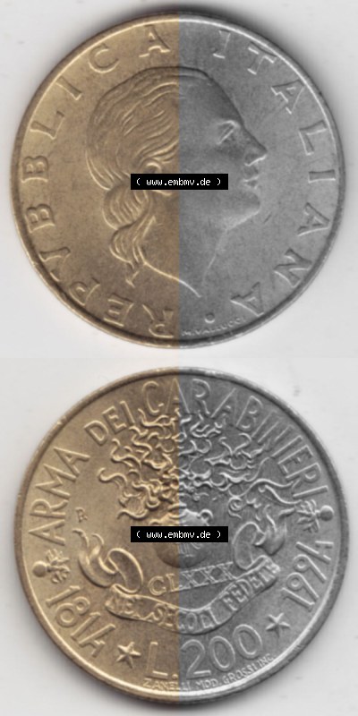 Bildmaterial von Münzen aus Italien / Italia Gedenkmünzen 1994-1994, 200 Lire 180 Jahre Carabinieri. Vorderseite und Rückseite... Sammlung